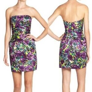 BCBGMaxazria Purple Floral Print Strapless Dress